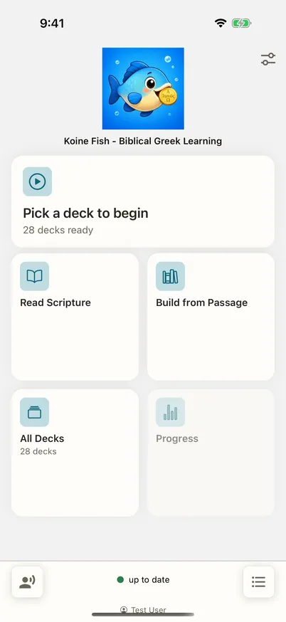The home dashboard with tiles for grammar decks, reading Scripture, building a deck from a passage, all decks, and progress.
