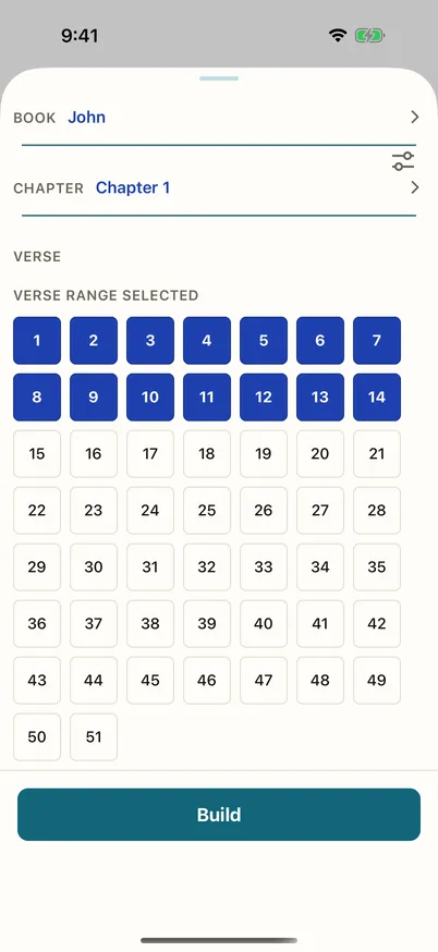 The passage builder with verses 1 through 14 of John 1 selected as a range, and a Build button ready.
